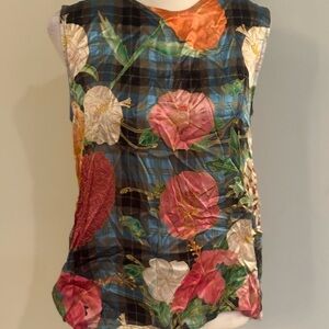 Floral Plaid Sleeveless Camisole - Pink & Blue 100% silk